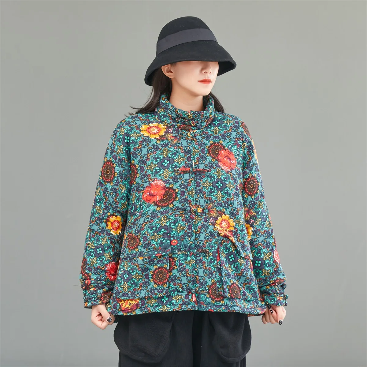 

Early Winter New Style Ethnic-Style Stand Collar Frog Floral Short Cardigan Cotton Coat Casual Loose Retro Side Cotton-padded Cl