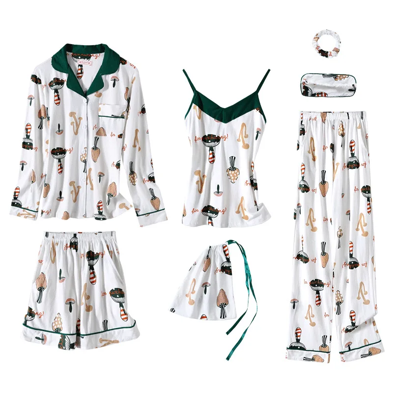

2019 Pajamas Seven Pieces Female Spring Autumn And Winter Pure Cotton Sweet Summer Korean-style Fresh And Lovely Students Home W