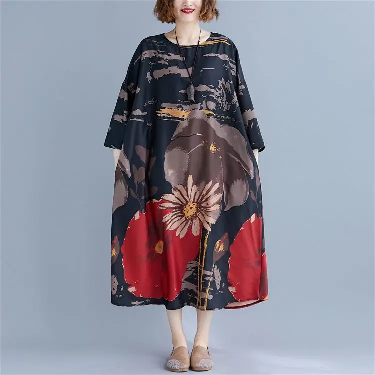 NYFS Новое Осеннее женское платье свободное винтажное длинное платье с принтом vestidos robe пеньковые платья