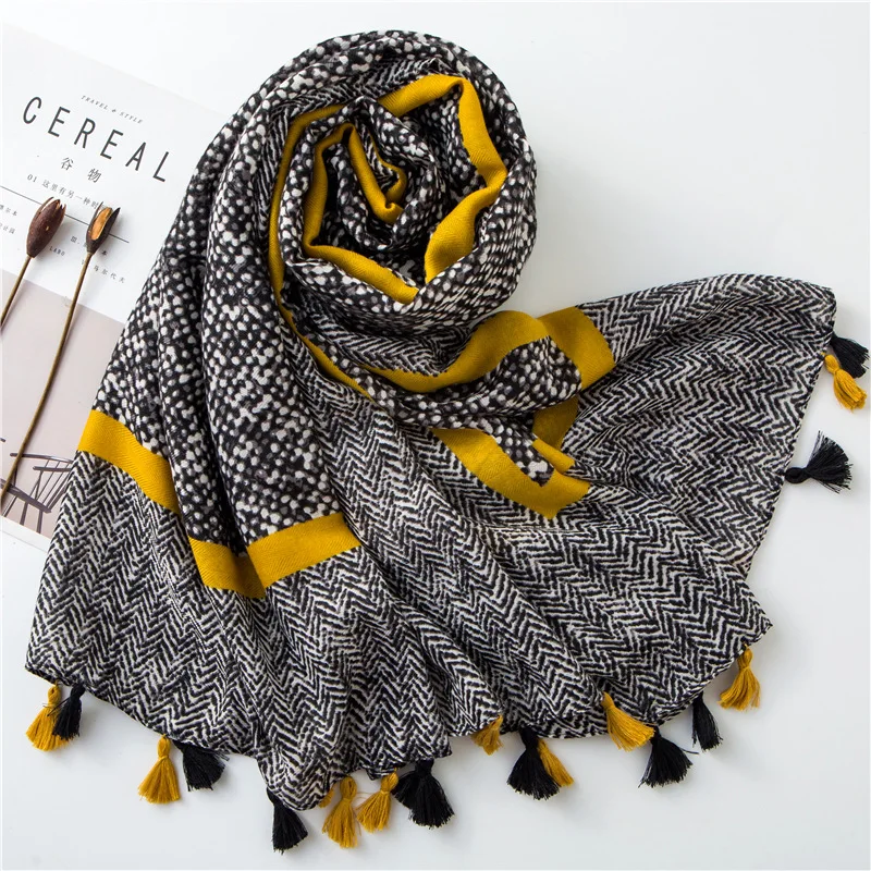 Аксессуары женские зимние длинные серые хиджаб шарф женский осенний японский стиль элегантный длинный желтый полосатый серый шарф обёрточная бумага