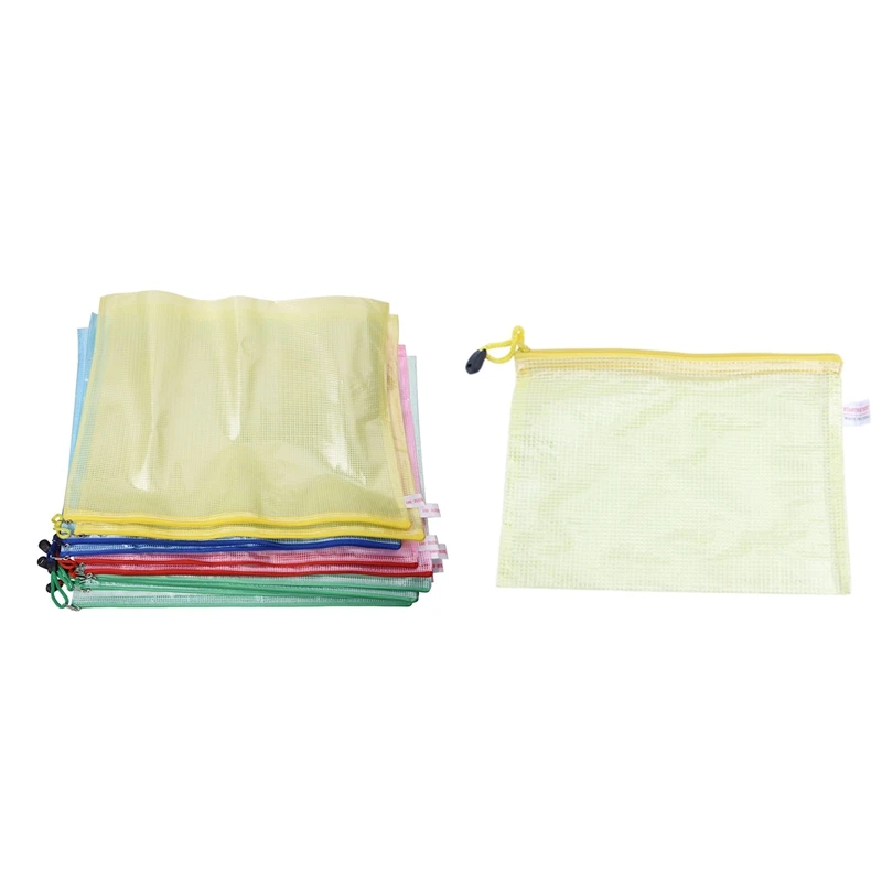 

20 Pcs File Bags: 10 Pcs Netting Surface A3 Document File Holder Zipper Bag Multicolor & 10 Pcs Office Grid A5 File Document Pap