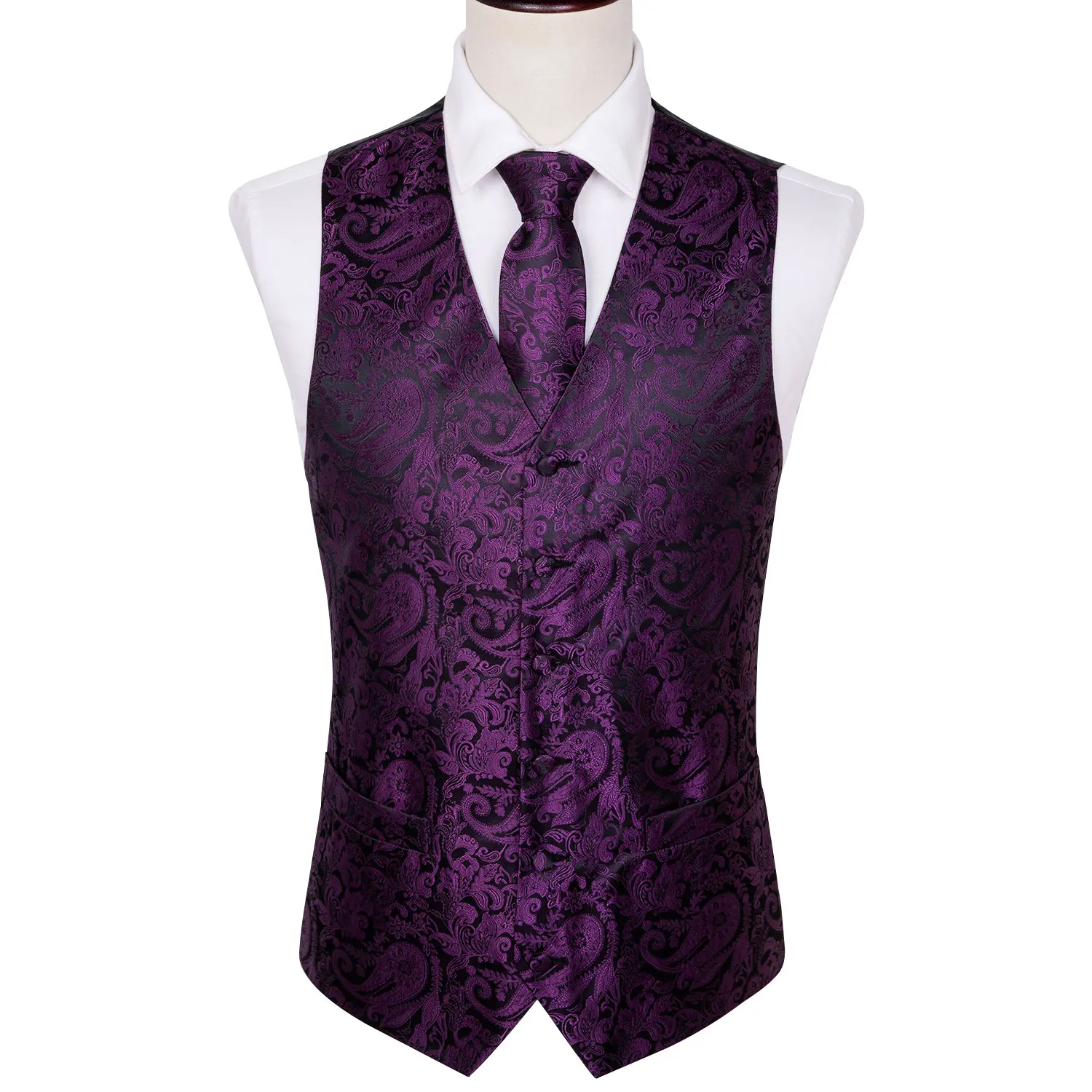 Фиолетовый жилет для мужчин тонкий костюм жилет черный Пейсли галстук Набор платок запонки галстук жилет для деловых Barry.Wang