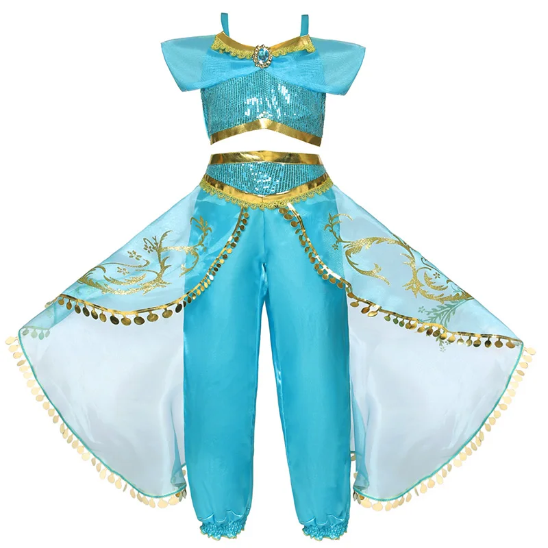Платье Цвета Жасмин принцессы для девочек; Детский карнавальный костюм; детская одежда; Рождественская одежда с короткими рукавами; аксессуары; парик; повязка на голову - Цвет: Clothes