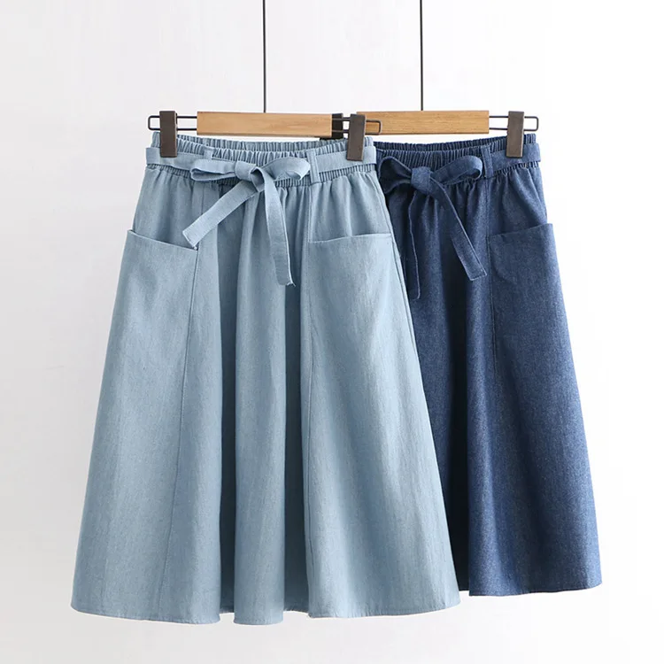 

2019 New Style Versatile Summer New Installation Mori Girl Line Literature And Art Large Pocket Elastic Waist Denim Skirt Women'