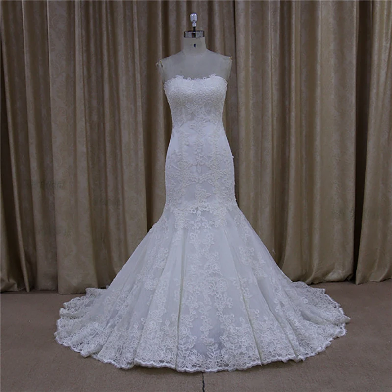 

Real Pictures Strapless Mermaid Gorgeous Lace Customized Bridal Wedding Dress Gown Western Country
