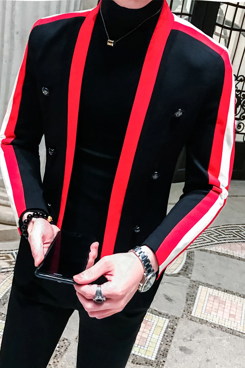 Черный, красный, белый полосатый Блейзер Homme Slim Fit Мужской s Desinger костюм куртка мужская Veste Saco Мужской Блейзер корейский мужской свадебный костюм