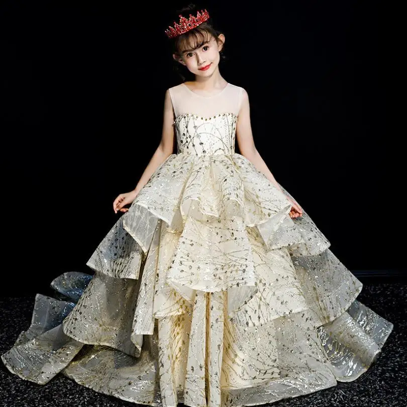 

High-end Luxury Children Girl Dress Birthday Party Piano Catwalk Sequine Trailing Gown Kids Pageant Dress For Girl Vestidos L126