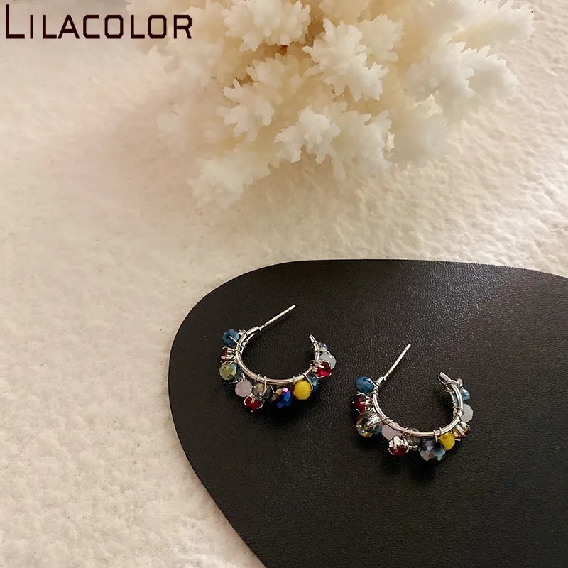 Серьги-гвоздики Lilacolor с цветными кристаллами женские круглые ювелирные