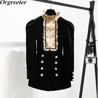 Fall New Luxury Double-breasted Gold Button Stand collar Ruffles Trim Long Sleeve Velvet Blouse + High waist Shorts 2 Piece Set