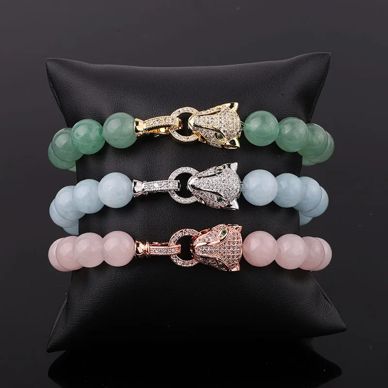New Design Leopard Bracelet CZ Pave Charm Natural Stone Rose Quartz Howlite Beads Elastic Bracelet Women Men Jewelry Gift