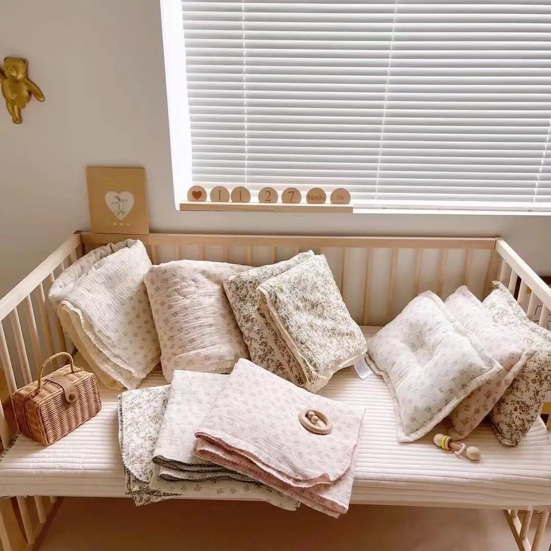Korean Floral Lace Muslin Kids Baby Bed Quilt Cotton Gauze Children Infant Dolls Bedding Quilts Blanket Girl Princess Quilts