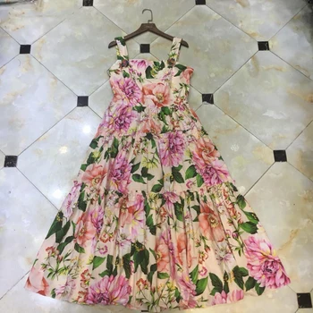 

2020 Summer New Holiday Dress Women's Flower Printed Cotton Midi Spaghetti Strap Dress Women's Resort Party