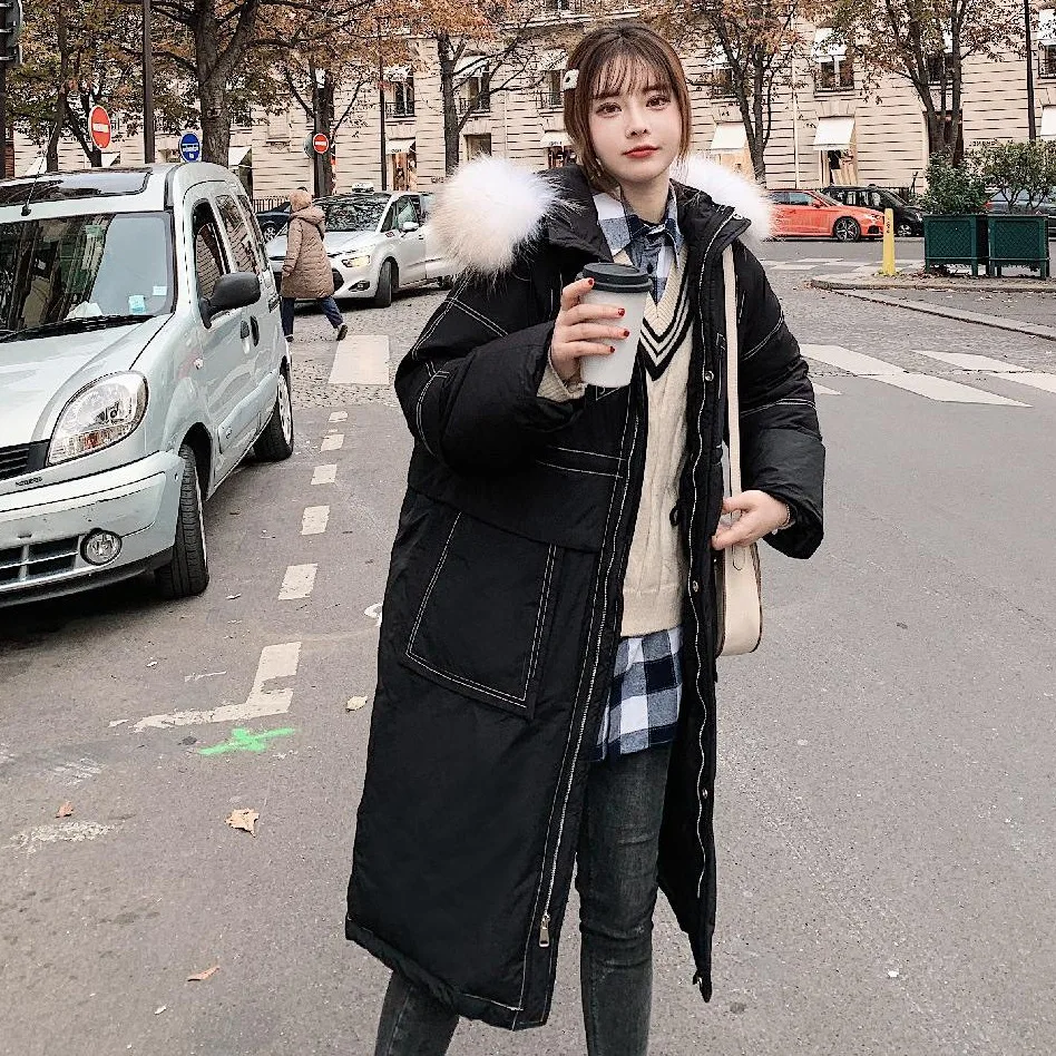 

Photo Shoot CHIC Ginger Open Wire Embroidery over-the-Knee Long down Coat Waist Hugging Hooded Model Large Fur Collar Cotton Coa