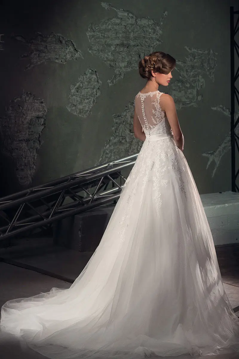 Vestido De Noiva A-Line Кружева аппликация Пояса с кристаллами прозрачные сзади Свадебное Платье