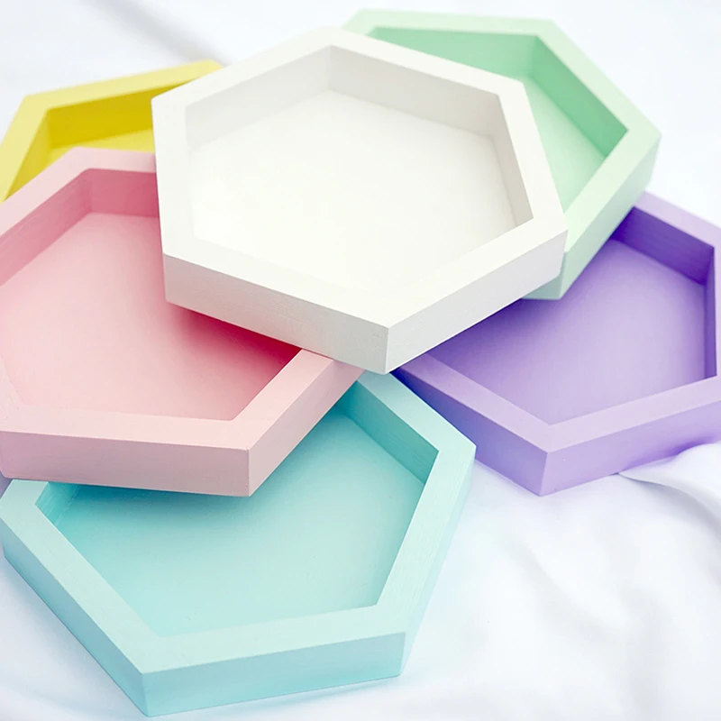 Wood tray handmade hexagon cake tools for party decoration perfume makeup Geometric storage plate sweet table