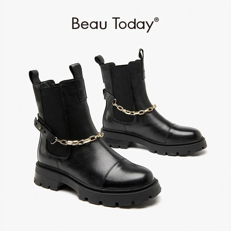 

BeauToday Ankle Boots Platform Women Sheepskin Leather Metal Chain Pendant Elastic Band Punk Female Chelsea Shoes 03548