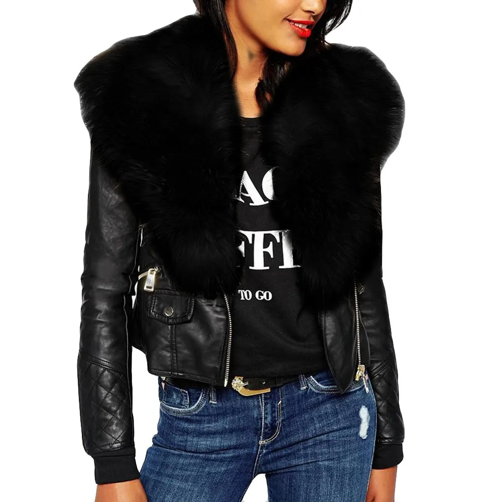 Женские плюшевые осенне-зимние кожаные куртки с длинным рукавом и карманом, модные теплые черные короткие пальто для женщин, уличная одежда - Цвет: Черный