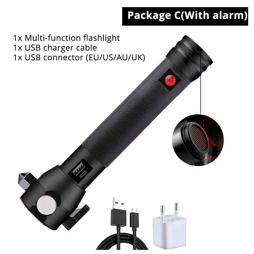 USB Перезаряжаемый светодиодный фонарик на солнечной батарее, многофункциональный аварийный фонарь, защитный молоток, мобильный мощный Компас для активного отдыха - Испускаемый цвет: With alarm-C
