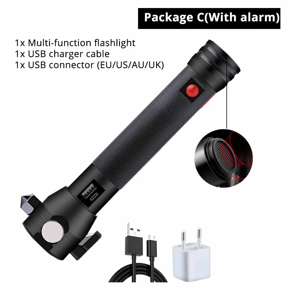 With alarm-C USB Перезаряжаемый светодиодный фонарик на солнечной батарее, многофункциональный аварийный фонарь, защитный молоток, мобильный мощный Компас для активного отдыха - Испускаемый цвет: With alarm-C