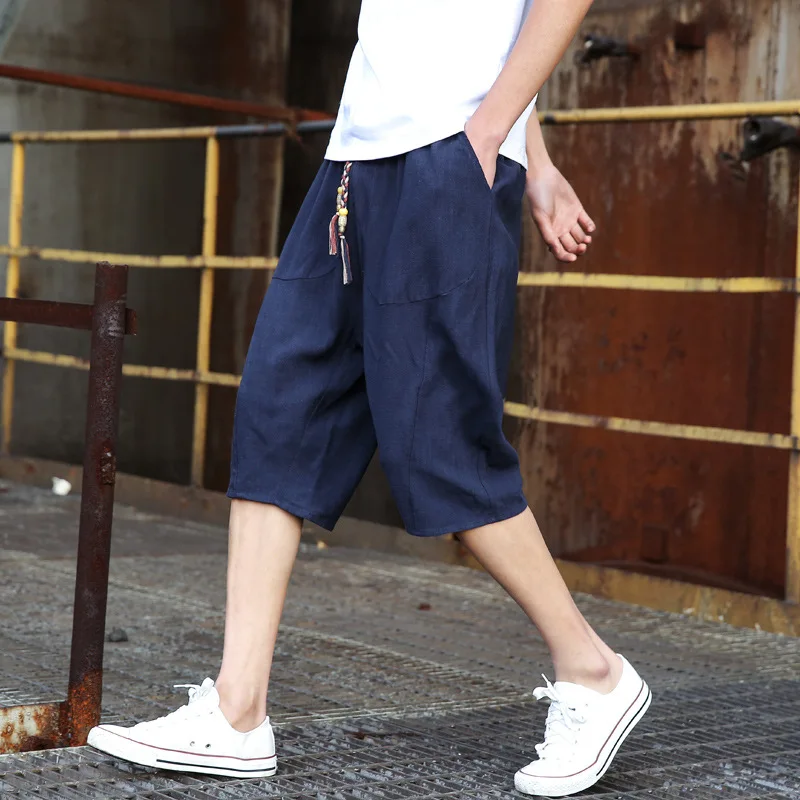 Summer flax 7-minute trousers men's shorts Korean version trend leisure loose Chinese wind cotton 6-minute thin trousers