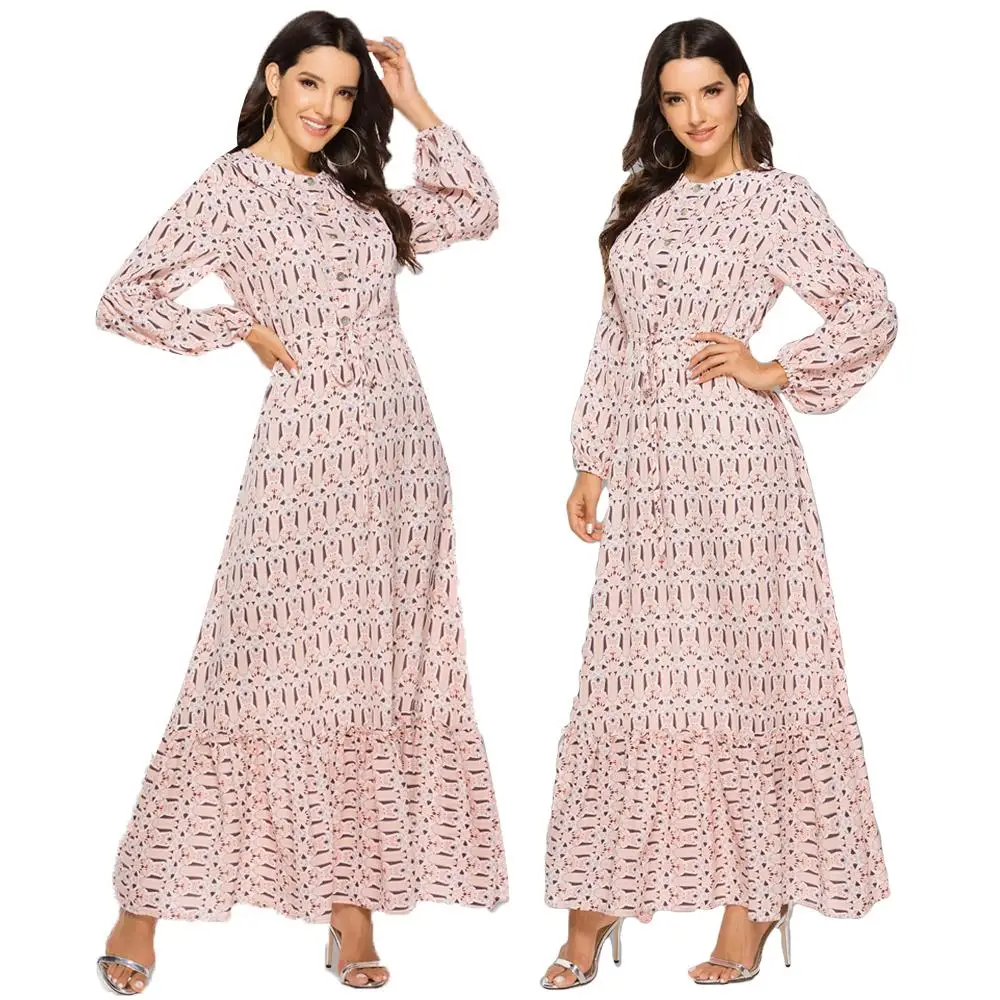 

Pink Muslim Women Chiffon Maxi Shirt Dress Abaya Buttons Printed Swing Ruffles Single-breasted Long Sleeve Ankle-Length Fashion