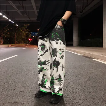 

Splash Ink Graffiti Jeans for Men High Street Hip Hop Casual Loose Straight Denim Trousers Male Vintage Wide Leg Jeans Pants