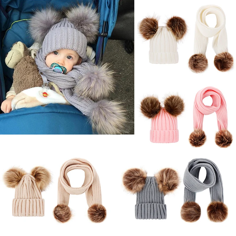 Q 2Pcs/Set Baby Supplies Knitted Hat Keep Warm Scarf Boy Girl with Double Balls for Winter European Style Acrylic Fibres | Аксессуары