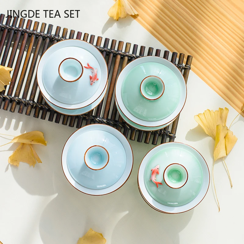 Chinese Ceramic Small Fish Gaiwan Teacup Travel Tea Bowl Handmade Celadon Teaware Accessories Drinkware Personal Cup 140ml