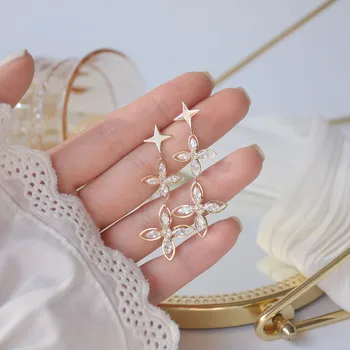 

14K Real Gold Plated CZ Cubic Zircon Flower Stud Earrings for Women Delicate Jewelry Crystal Star Long Earrings