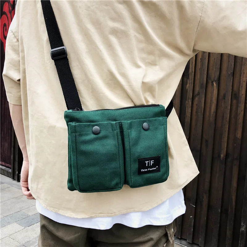 

2019 New Style Fashion Solid Color Canvas Messenger Bag Casual Multi-functional Messenger Bag Double Patch Pocket Canvas Bag