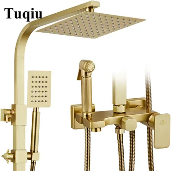 Online Vidric Bath And Shower Faucets Brushed Gold Shower Set Faucet Tub Mixer Tap Hand Held Shower Wall Mounted Rainfall Bath Crane Sh