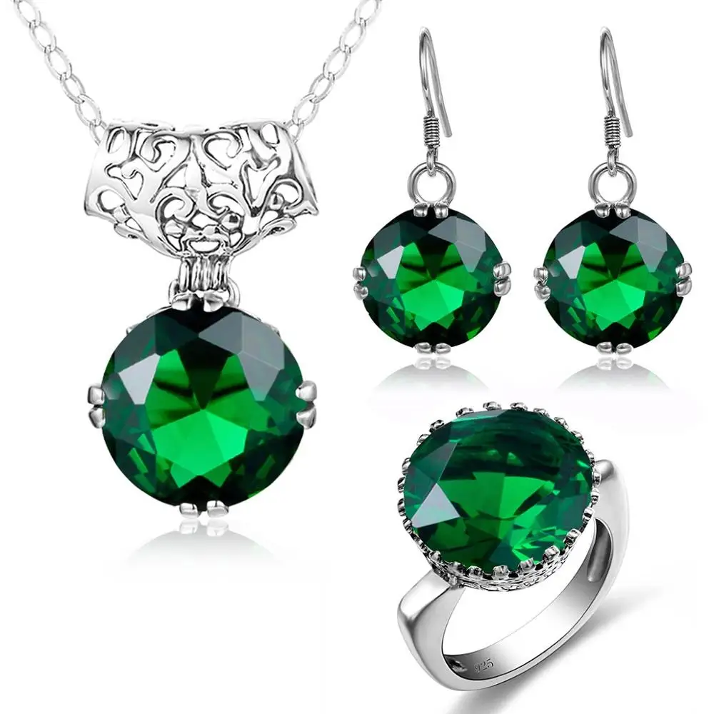 Szjinao  Silver jewellery Set For Women Real 925 Sterling Silver Green Emerald Earrings Pendant Ring Set Bridal Trendy Jewelry