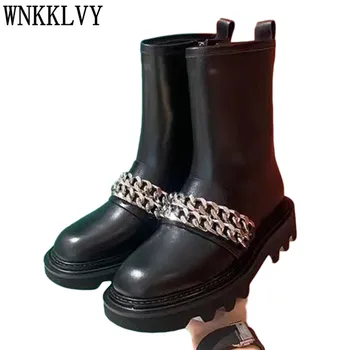 

Thick bottom chelsea botas women genuine leather Metal chain decor ankle boots British style motorcycle short boots female