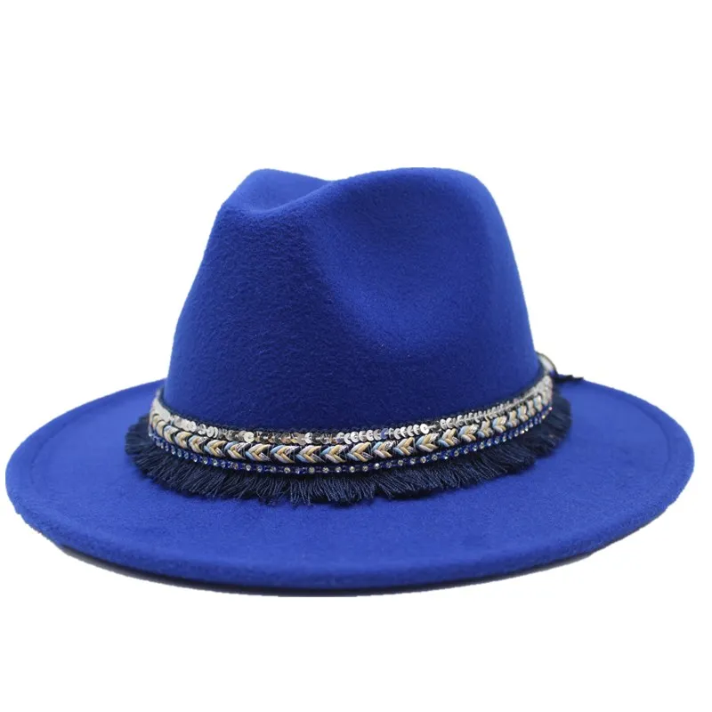 Seioum 14 цветов Высокая-Q широкоугольная шерсть фетр Джаз Fedora головные уборы для мужчин и женщин британская Классическая Трилби вечерние Панама флоппи - Цвет: Royal blue