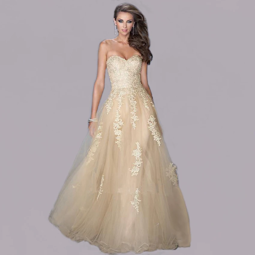

Vnaix EV033 Sweetheart Off Shoulder Customized A Line Long Champagne Elegant Lace Evening Dresses Formal 2015
