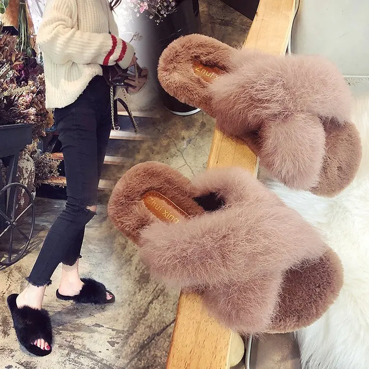 

2018 Autumn And Winter New Style Flat Plush Slipper Really Rabbit Fur Cross WOMEN'S Slippers Comfortable Versatile Korean-style