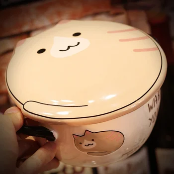 

Household Portable Ceramics Lunch Box Cute Cartoon Pattern With Cover Lunch Box Round Anti-slip Instant Noodles Lunch Box Bowl