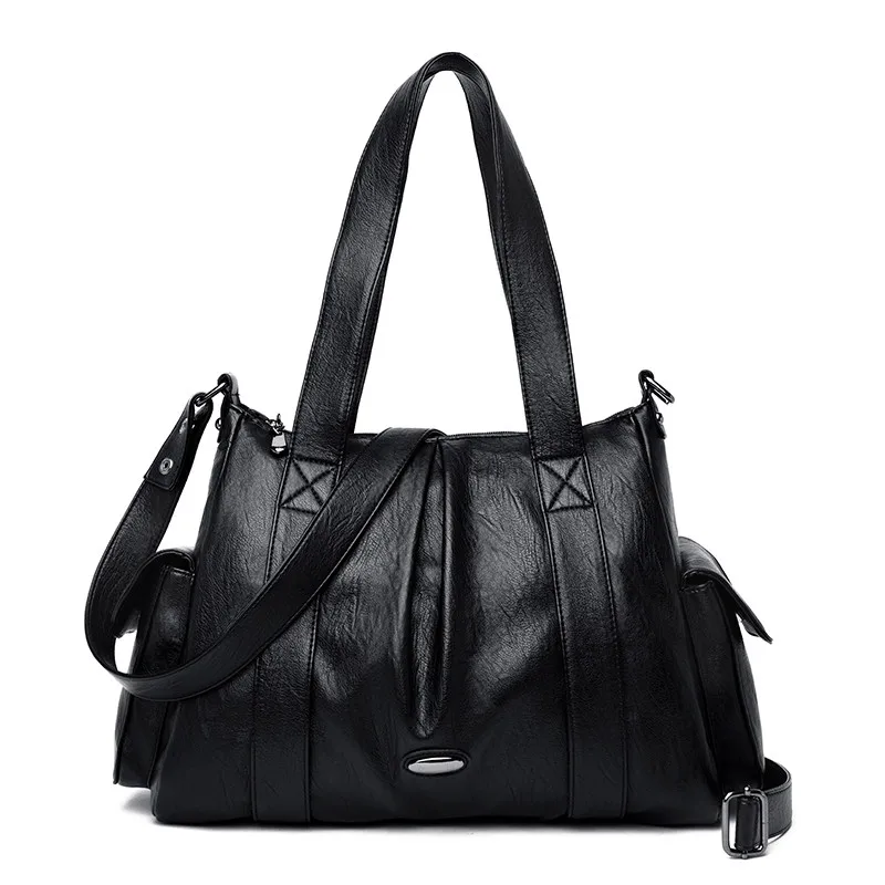 Мягкие кожаные сумки через плечо для женщин Повседневная Большая вместительная сумка-тоут роскошные сумки женские сумки дизайнерские сумки с ручкой сверху - Цвет: Черный