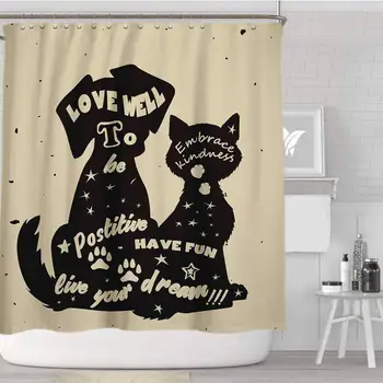 

Design Funny Cartoon Dogs and Cats with Inspirational Quotes Shower Curtain. Cute Cartoon Bath Curtain with 12 Hooks Fabric