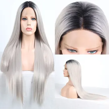 

BM Straight Synthetic 13*3 Lace Front Wig Black Roots Ombre Silver Grey Heat Resistant Fiber Hair Middle Parting For Women Wigs