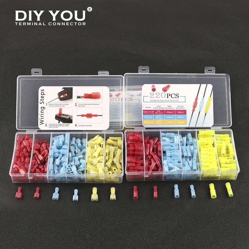 

220PCS/Boxed Nylon Insulated Spade/bullet Type Butt Crimp Terminal Electrical Male Female Wire Connector Terminals Splicing Kit