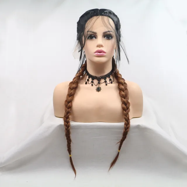 Braided Lace Front Wigs Ombre Braid Black Synthetic Wig Blonde 2 Braids Highlight Big Braiding Ponytail Baby Hair For Women 1b Dark Brown