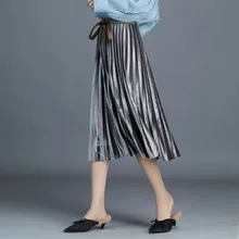 Женская плиссированная юбка средней длины из мягкого бархата размера плюс для осени и зимы, модная Корейская Длинная женская юбка с высокой талией на шнуровке