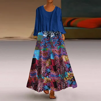 

ZANZEA 2020 Autumn Winter Women Maxi Long Dress Vintage Two Pieces Ethnic Print Plus Size Vestidos Work Beach Sundress 5XL