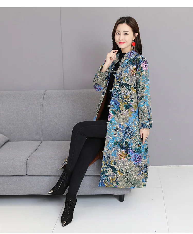Photo Shoot Autumn And Winter New Style Large Size Retro Printed Cotton Linen Brushed And Thick Frog Overcoat Cotton Overcoat Ct
