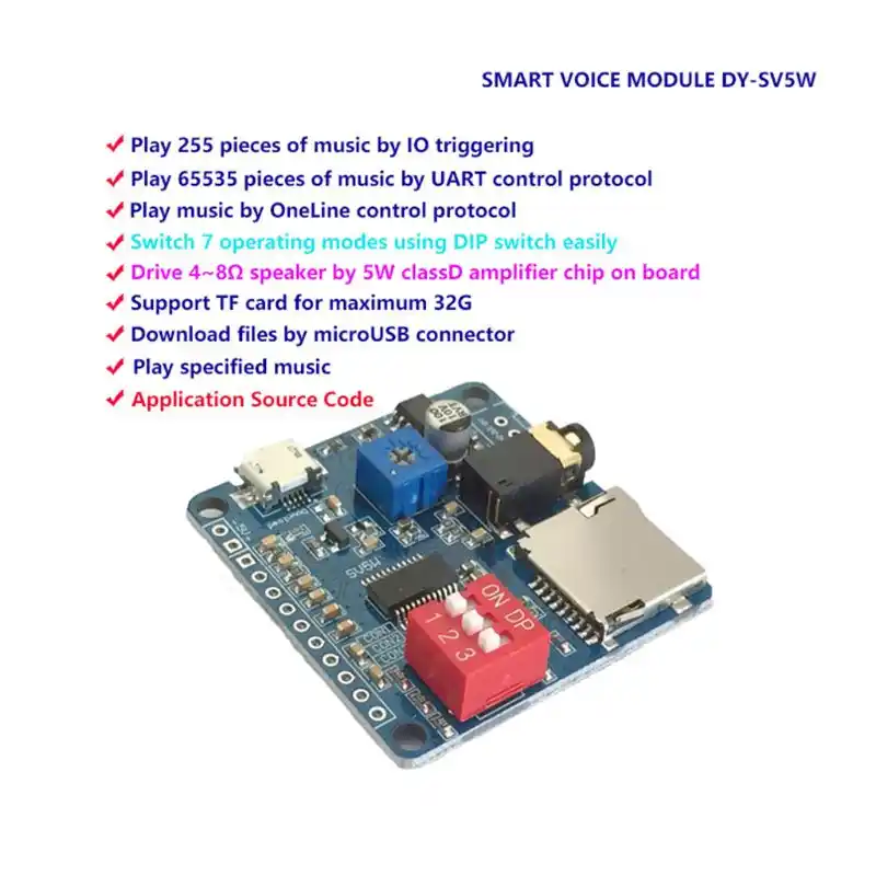 scheda di riproduzione vocale 5 W controllo porta seriale Modulo di riproduzione vocale SD/TF MP3 MP3 compatibile con Arduino UART I/O amplificatore di innesco classe D 