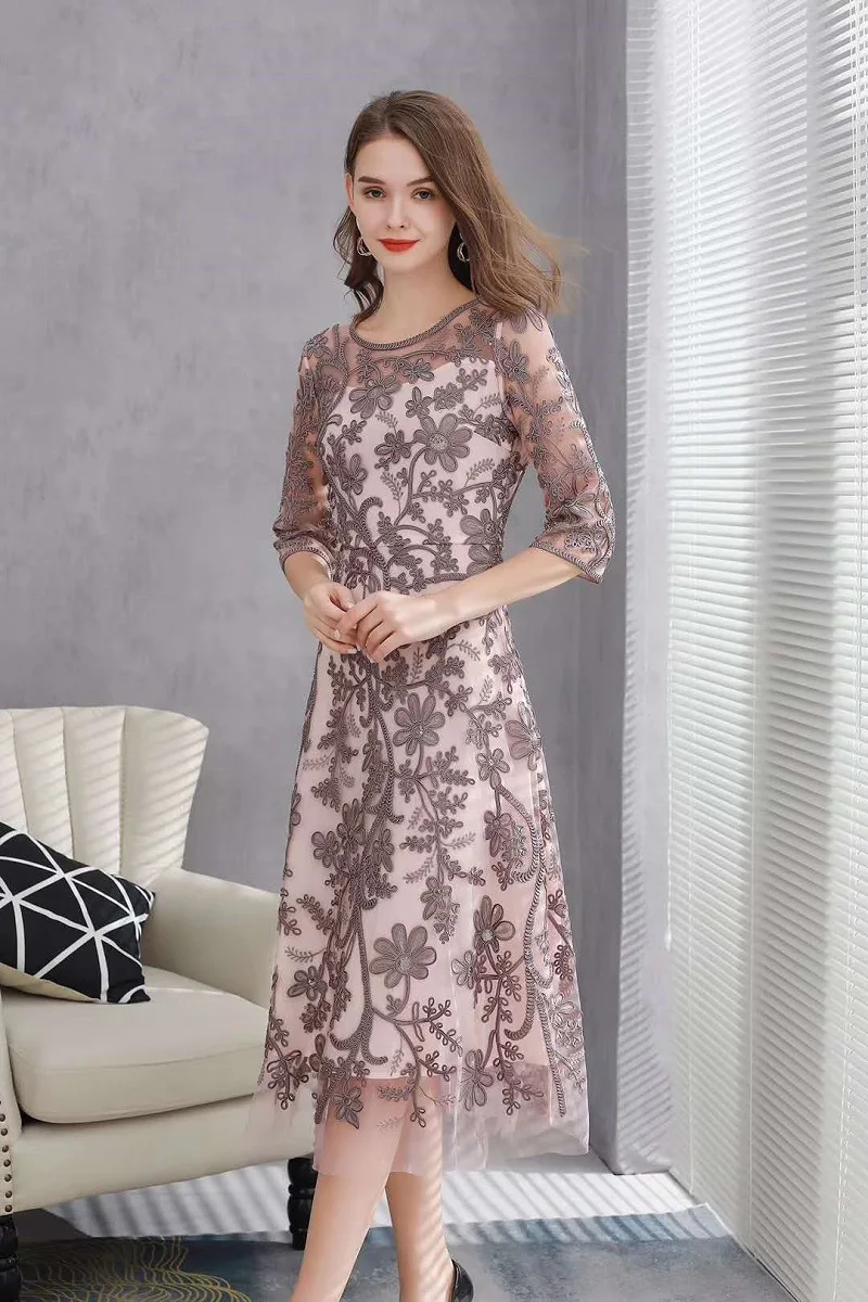 Plus Size Dress 2020 Autumn Winter Party Event Women O-Neck Allover Exquisite Embroidery 3/4 Sleeve Midi Blue Apricot Dress