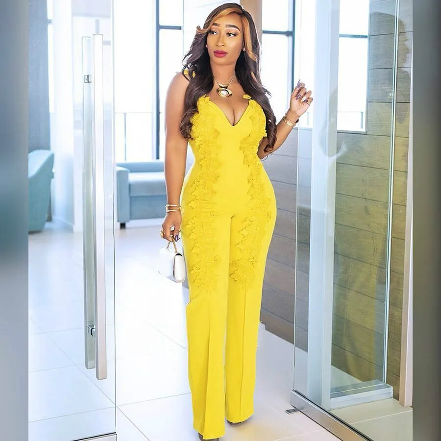 Women Summer Sexy Jumpsuits Yellow Overall Sleeveless Deep V Neck with Embroidery Slim Bodysuit Drop Shipping 2020 Plus Size XXL Women Summer Sexy Jumpsuits Yellow Overall Sleeveless Deep V Neck with Embroidery Slim Bodysuit Drop Shipping 2020 Plus Size XXL