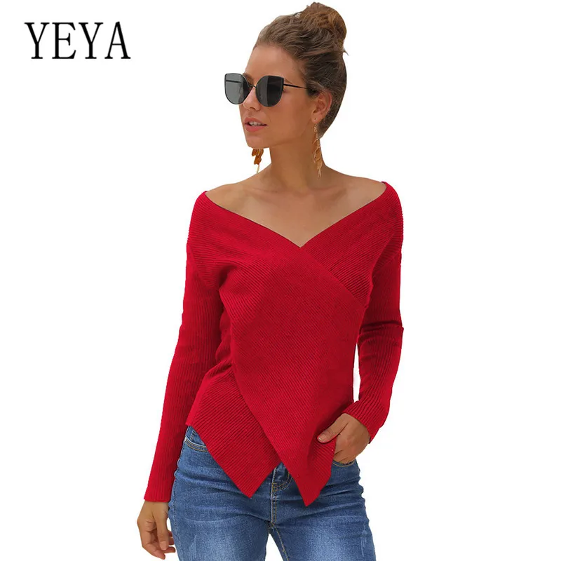 

YEYA Slim V-neck Pullover Bottom Sweater Autumn Casual Knitted Ladies Sweater Long Sleeve Hollow Out Women Red Yellow Sweaters
