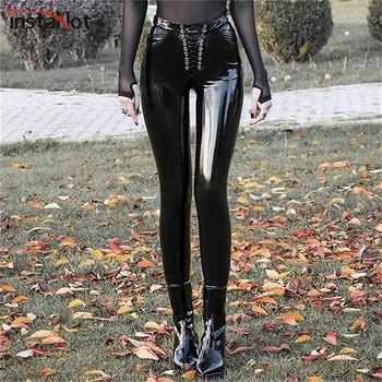 

Sexy New Sexy Faux Leather Painted Pants Lace Up High Waist Slim Skinny Leggings Gothic Punk Trouser Ladies Pencil Pants Casual